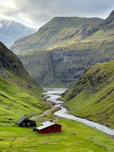 mountains, valley, landscape, houses, nature, sky, rock, summer, green, alps, clouds, grass, hill, alpine, travel, river, panorama, forest, norway