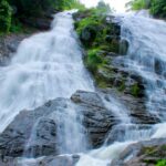 A stunning waterfall flows through vibrant green foliage in a natural forest setting.